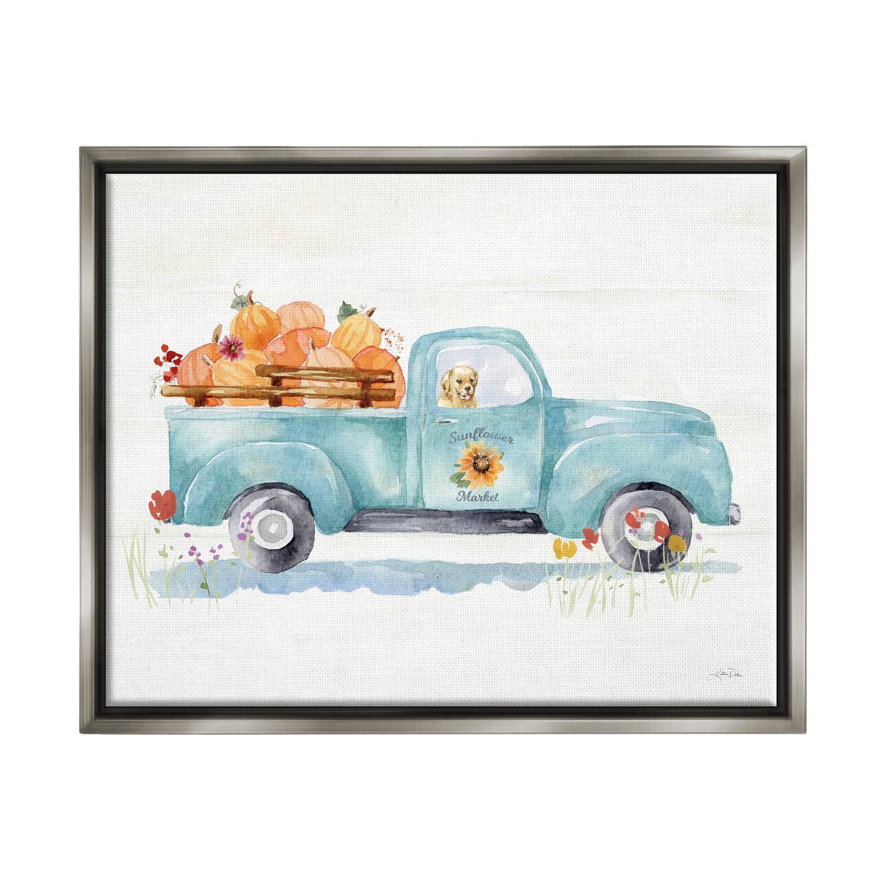 Stupell Industries Sunflower Market Pumpkin Truck Framed Floater Canvas Wall Art